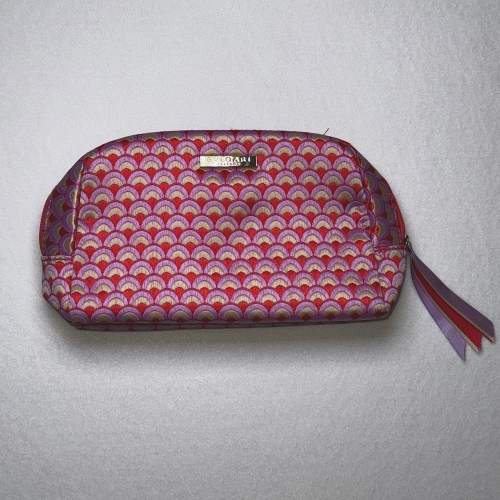 Bvlgari Parfums Cosmetic Makeup Bag Red Purple‎ Embroidered Zip Travel Pouch